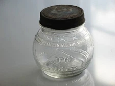 rare vintage JFG WORLD GLOBE PEANUT BUTTER 1lb JAR w/ ORIGINAL LID ~ VHTF