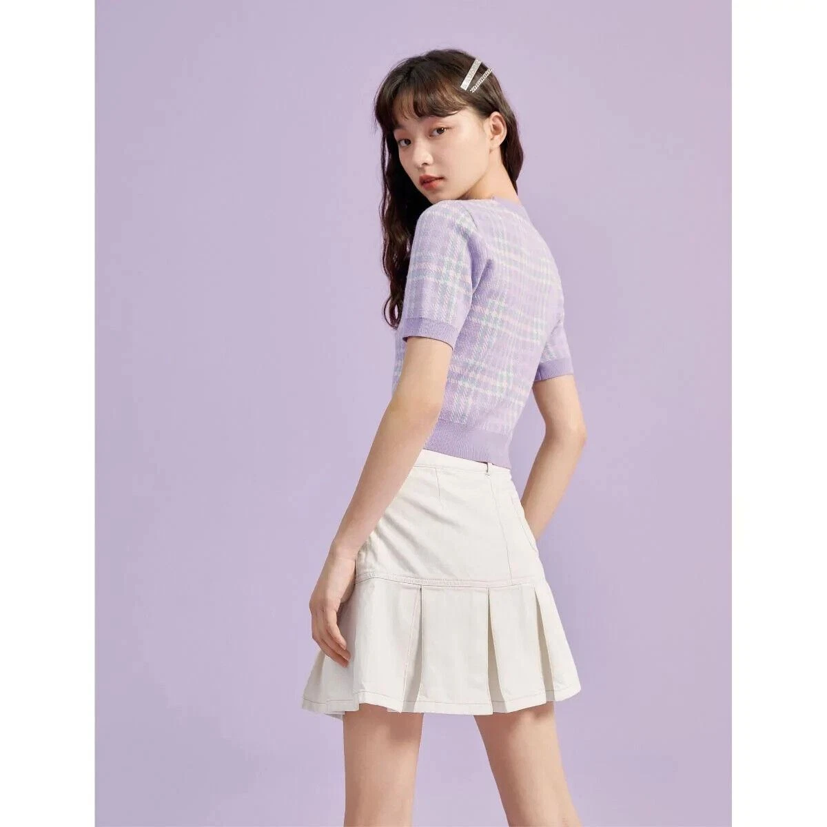 White pleated top denim skirt