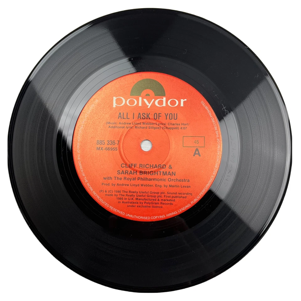 Cliff Richard & Sarah Brightman All I Ask Of You 7” 45 RPM Vinyl Record 1986 OG - Image 3 of 4