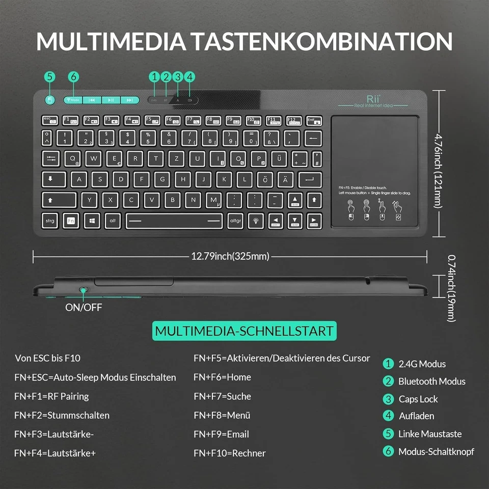 Bluetooth 5.0 Tastatur mit Trackpad | 2-LED-Beleuchtung | Deutsches Layout - Bild 4 von 4