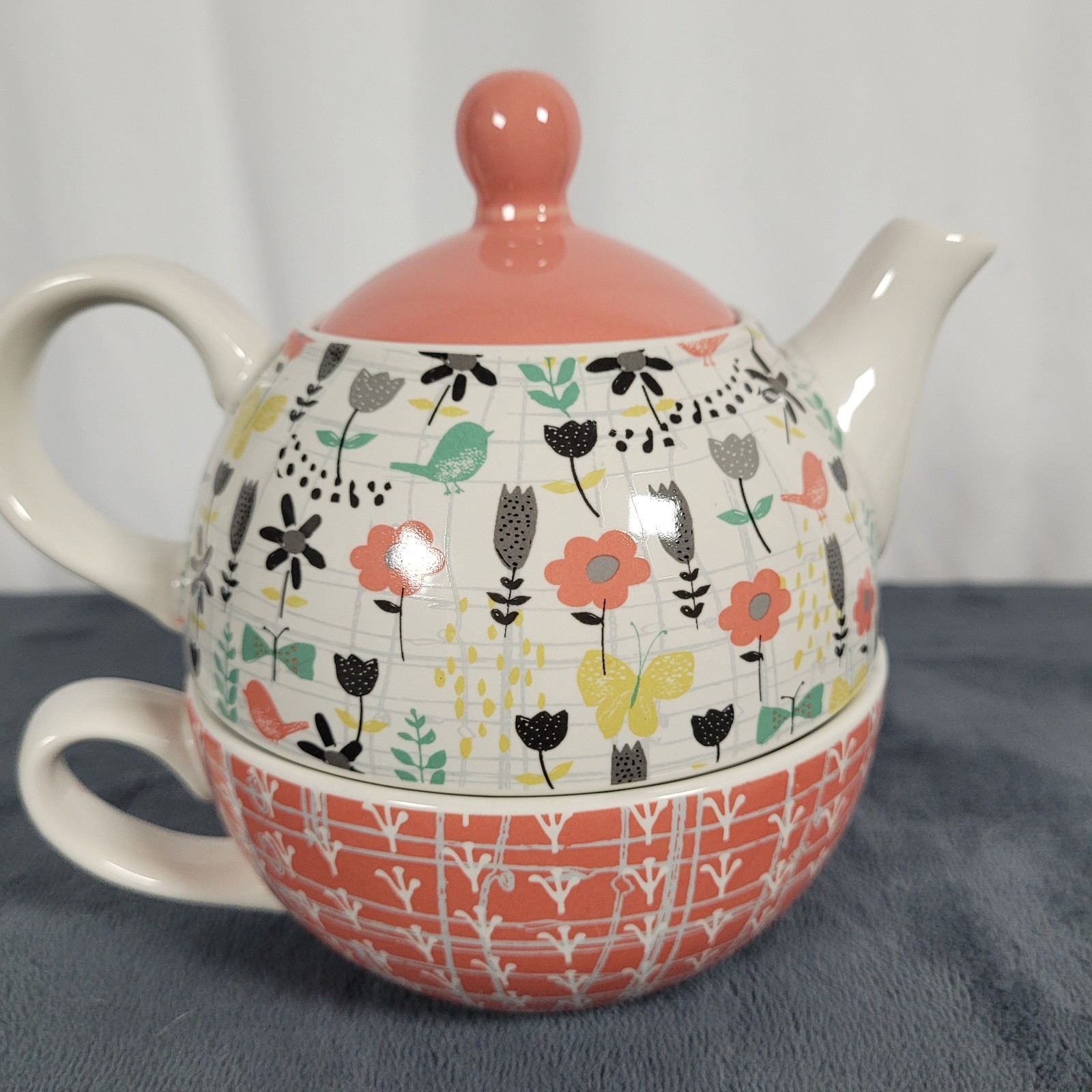Pavilion Gift Bloom Tea for One Stacked Teapot Cup Amylee Weeks Butterflies Bird