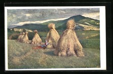 Cartolina artistica Karl Maria Schuster: periodo del raccolto, donna dopo la raccolta del grano 