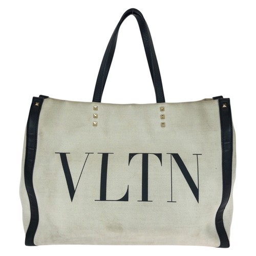 VALENTINO Garavani Rockstud VLTN Tote Bag Off-white black gold hardware canvas