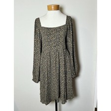 MNG By Mango Black Ditsy Floral Long Sleeve Square Neck Mini Dress SZ 10 Boho