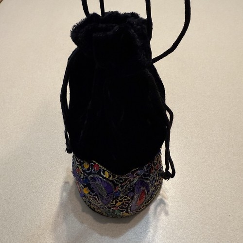 Black Velvet Small Beaded Pouch Bag Purse Boho Sequins Drawstring Tassle - Picture 5 of 11