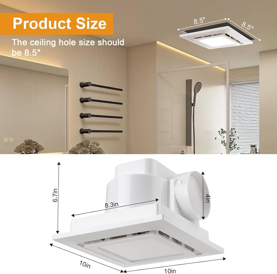 Bathroom Exhaust Fan with Light 10x10 IN Panel, Mounting Opening 8.3x8 ...
