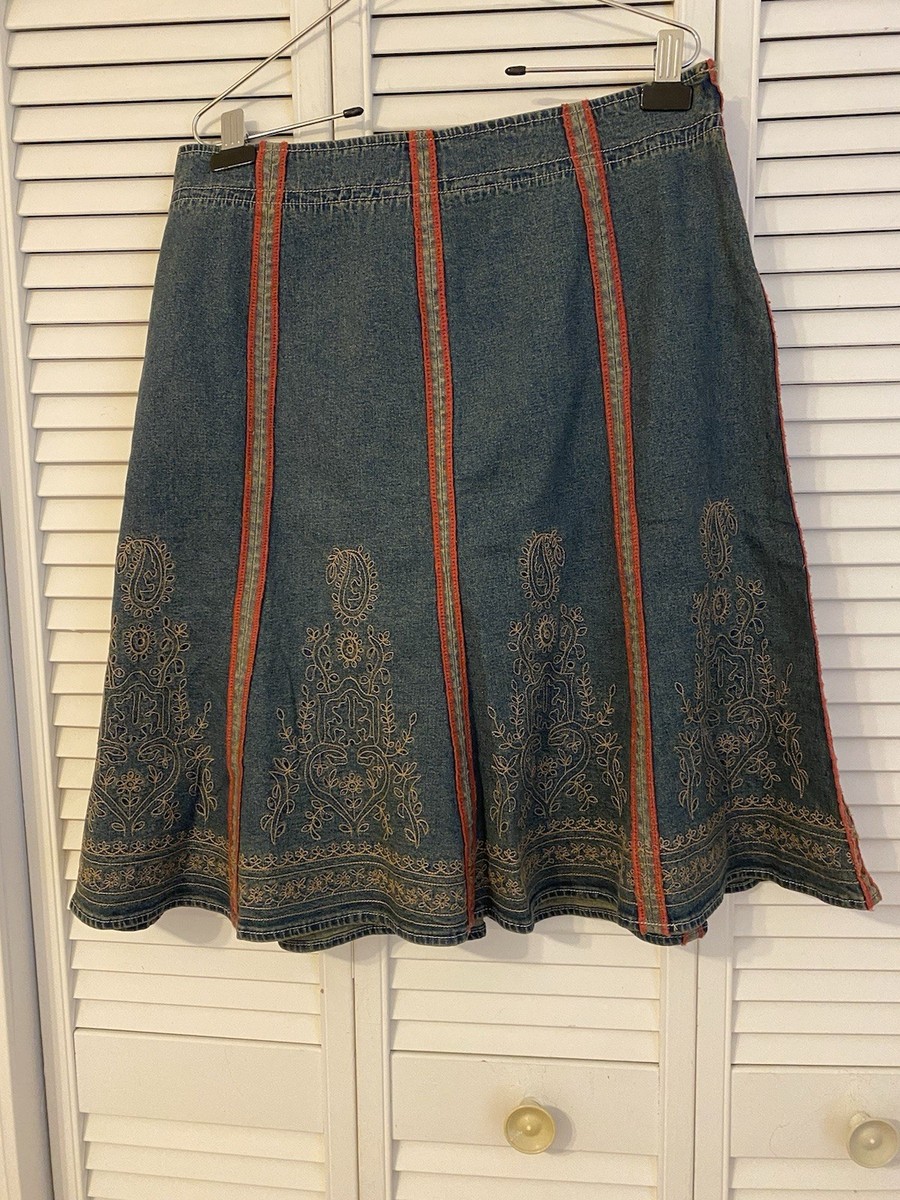 Western Denim Skirt Embroidered Size 16 Indie Pleated Festival