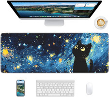 Starry Night Cat Mouse Pad, 31.5 X 11.8 Large Desk Mat with Stitched Edges Non