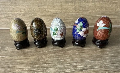 Vintage Past Times Cloisonne Eggs x5 Floral Design Wooden Stands Boxed - Image 1 of 4