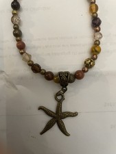 Retro Bronze Small Pebbled Starfish Pendant Jasper Topaz Crystal Bead Necklace