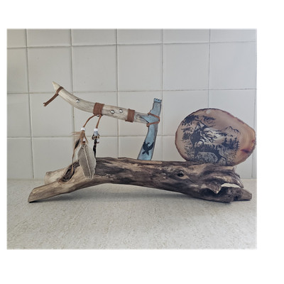 Native American Style Decorative Tomahawk with Feathers & Wolf Artwork Base