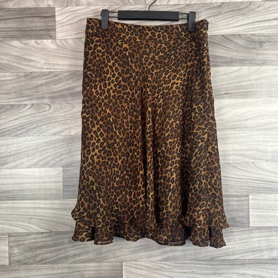 George Flowy Skirt Womens Sz 6 Brown Animal Leopard Print Ruffled Side Zip Y2K
