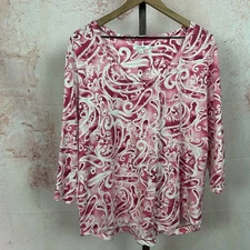 CHICO'S v-neck cotton tee size XL 3 pink button detail 3/4 sleeves shirt knit