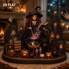 Halloween Witch Wooden Block, Gothic Witch Cottage Shelf Decor