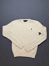 Ralph Lauren Womens XS Cream Cable Knit Cotton Sweater Pony Logo Crewneck