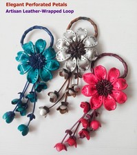 Handmade Leather Flower Keychain, Boho Wooden Bead Floral Bag Charm No.19