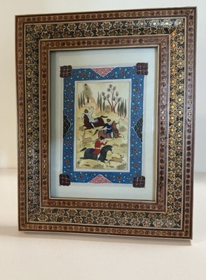 Vtg Persian Miniature Painting Royal Hunters Intricate Khatam Mosaic 8x10  Frame