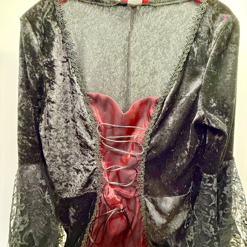 VTG Y2K Gothic Black Red Velvet Vampire Dress, Petticoat ,Choker & Fang Set sz L - Image 3 of 4