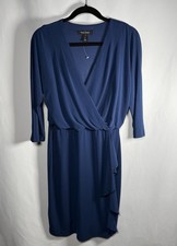 White House Black Market Women  s Faux Wrap Draped Ruffle Sheath Dress Blue 8