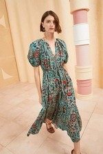 Blue Multicolor Floral V-Neck Puff Short Sleeve Midi Dress Pockets Regular