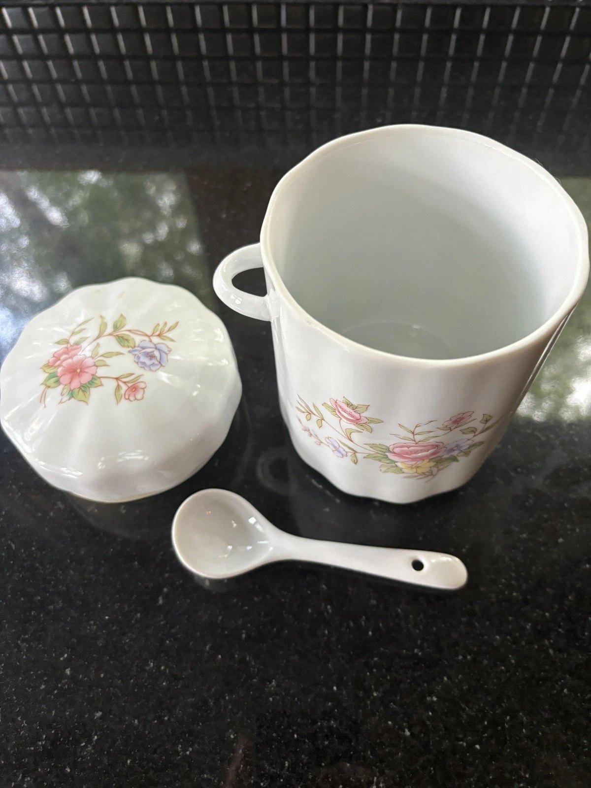 VTG FTDA Tea Container White Floral Porcelain Canister/Jar W/ Spoon and Lid