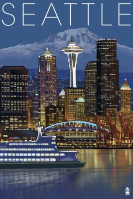 Skyline at Night - Seattle Washington 12x18 Metal Sign Artwork Lantern Press