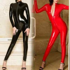 Hot Women PU Leather Catsuit PVC Bodysuit Zipper Open Crotch Jumpsuits Costume
