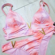 Victoria's Secret V-Hardware Bralette Bikini set rhinestones shine swim pink tie