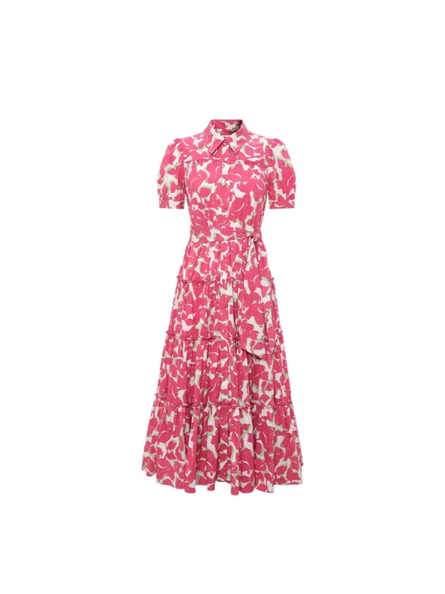 Haitang Red Lapel Belted Bubble Sleeve Skirt Dress