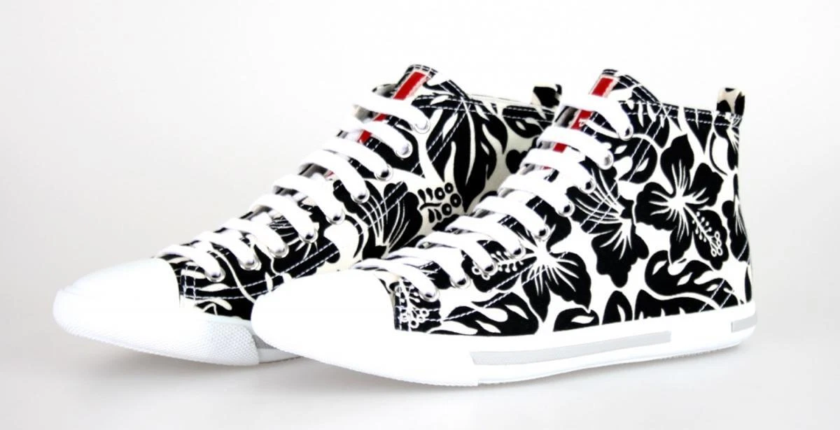 PRADA Hibiscus Canvas Linea Rossa Sneaker 3T5731 Weiss Schwarz NEU - 38,5 39