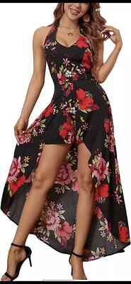 Kormei Womens Sleeveless Scoop Neck Floral Rayon Party Split Maxi Romper  Dress M | eBay