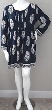 Velzera Boho Bohemian Leaf Print & Lace Tunic Dress Navy Blue Plus 1XL - New!