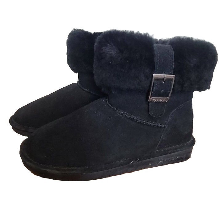 Bearpaw Abby Black Suede Ankle Bootie Sheepskin Collar Women's Size Boots  EUC