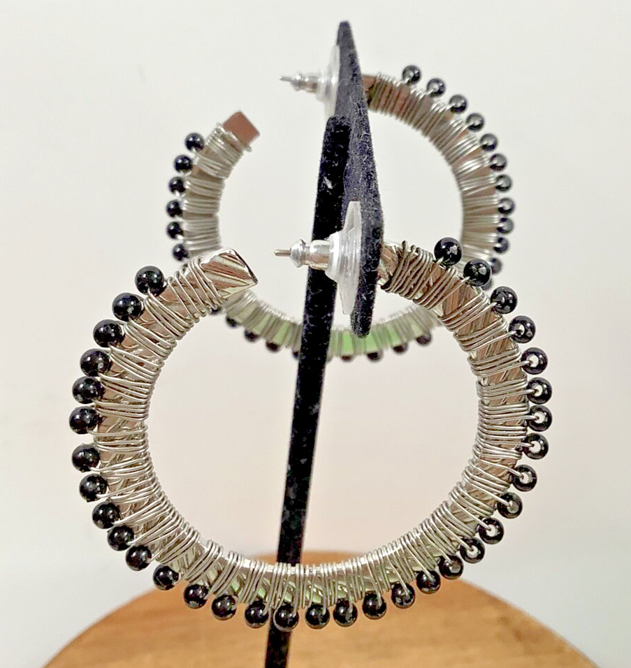 Silver Tone Wire Wrapped Black Beaded 2" Hoop Pierced Earrings