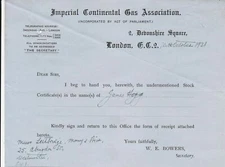Imperial Continental Gas Association ,Inc.London EC2 1931 Stock Letter Ref 46174