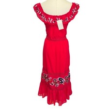 Hope & Ivy Midi Dress Womens 14 Red NWT Floral Embroidered Ruffle Off Shoulder