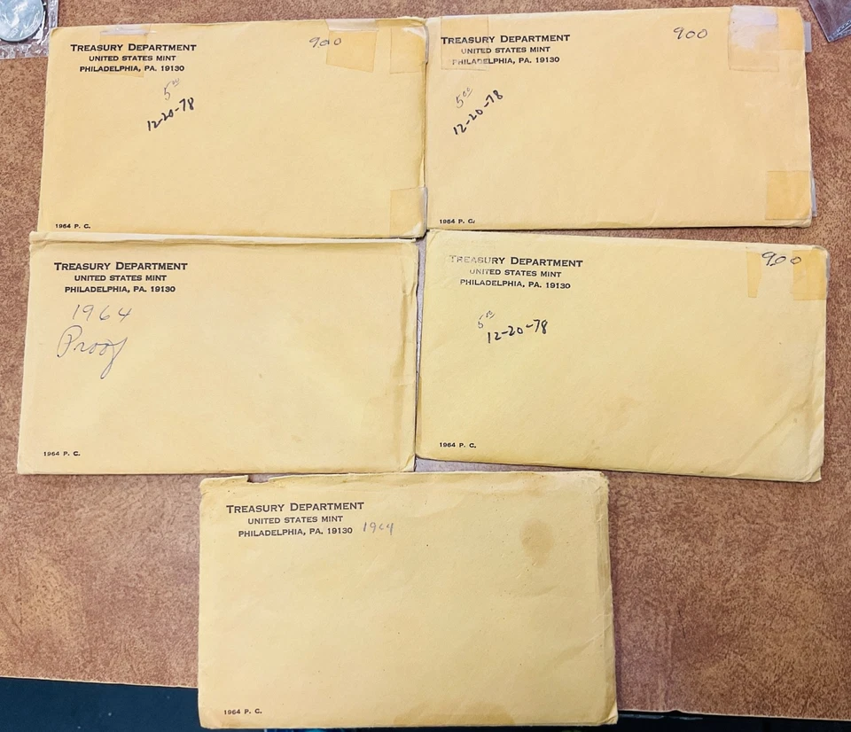 1964 Proof Set Original Envelopes  Silver coins  w/ kennedy half,  lot of 10. - Image 3 of 4