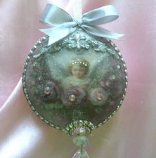 Shabby Chic Victorian~Angel Ornament #2~AB Rhinestone Trim/Glitter/Crystals