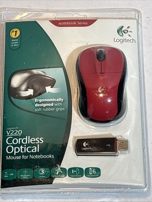 Logitech Red Notebook Series V220 Cordless Opitcal Mouse For Notebooks New
