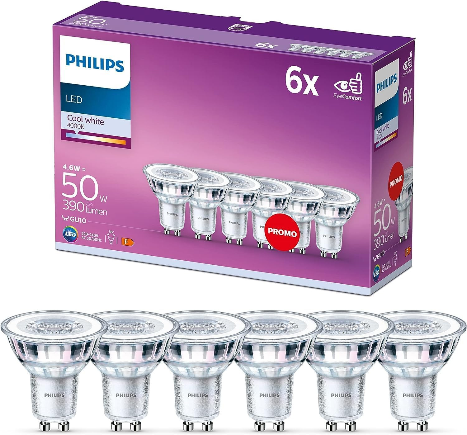 LED Classic 6 Pack [GU10 Spot] 4.6W - 50W Equivalent, 220 - 240V, Cool White 400