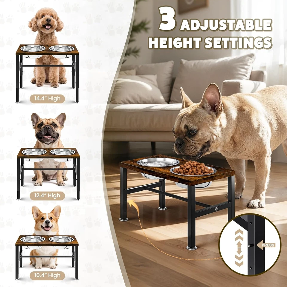 Cuencos Elevados para Perros, 3 Altura Ajustable Elevado Perro Agua Comida Cuenco Madera Metal Foto 2 de 4