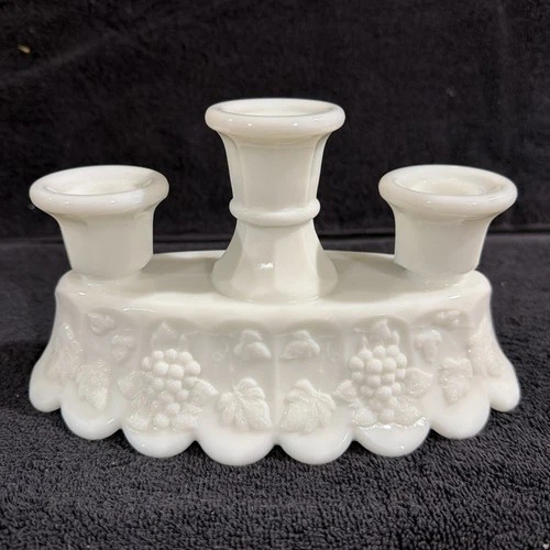 Vtg Westmoreland Paneled Grape 3 Lite Candelabra  Milk Glass 8" Candleholder