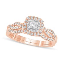 Juego nupcial de varias filas con marco en forma de cojín doble diamante talla princesa TW de 0,5 quilates