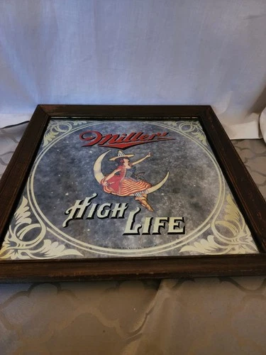 Vtg 1979 Miller High Life Beer Girl On Moon Bar Mirror Sign Wood Frame 18X 18