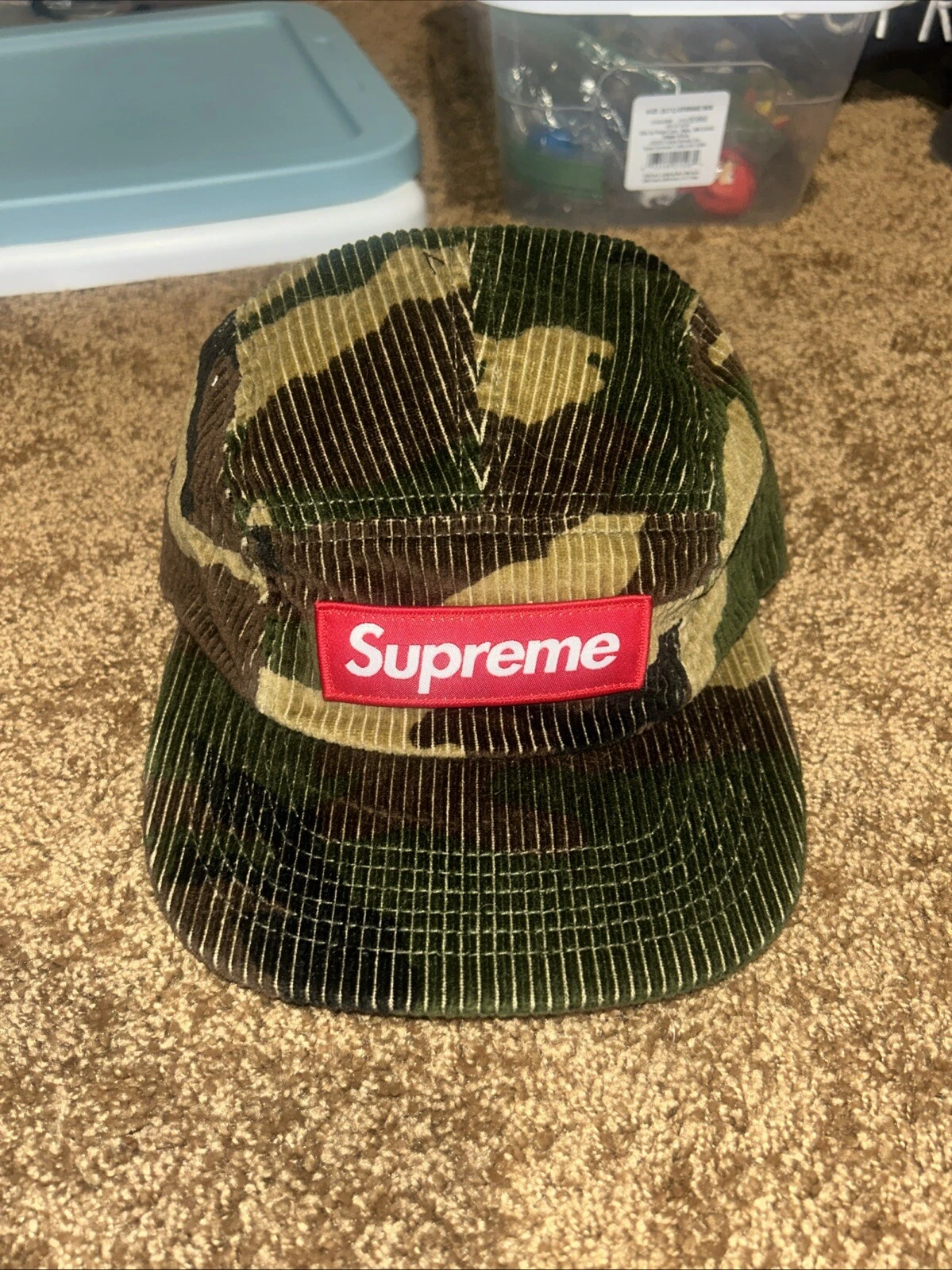 Casquette de camp velours côtelé camouflage suprême FW19 Woodland