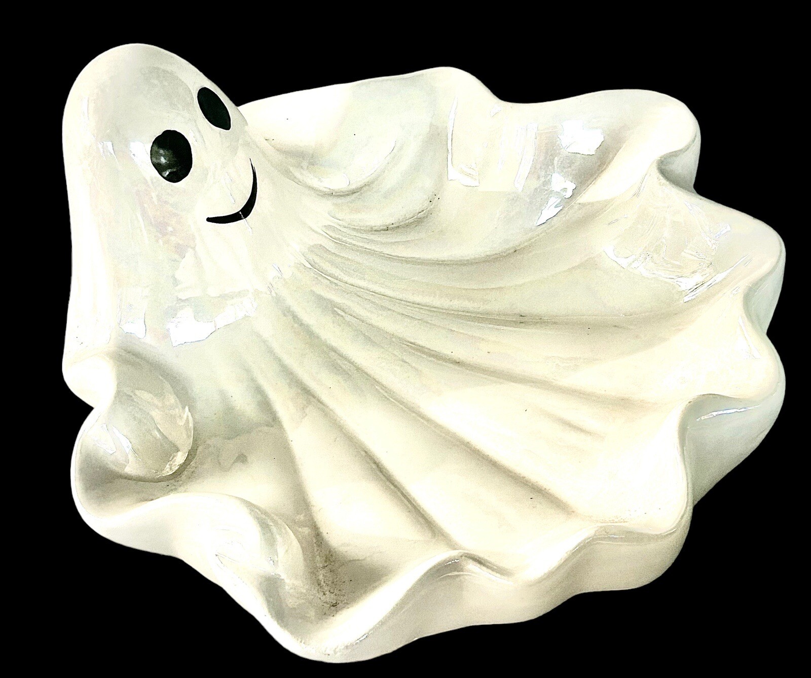 VINTAGE WCL Halloween Iridescent White Ghost Ceramic Candy Treat Dish