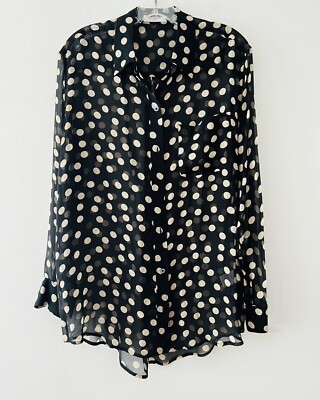 100% Silk Black White Polka Dot Button Down Shirt Equipment Femme Small 