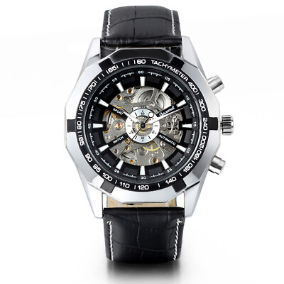Mens Business Mechanical Automatic Watch Leather Band Sports Analog Wrist Watch