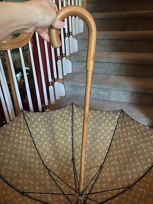 Vintage 1970s LOUIS VUITTON Wood Handle Cotton Fabric Umbrella 