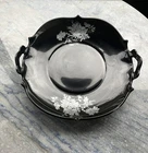 Vtg  LE Smith Black Milk Glass Double Handled Plate Server Tray Silver Floral